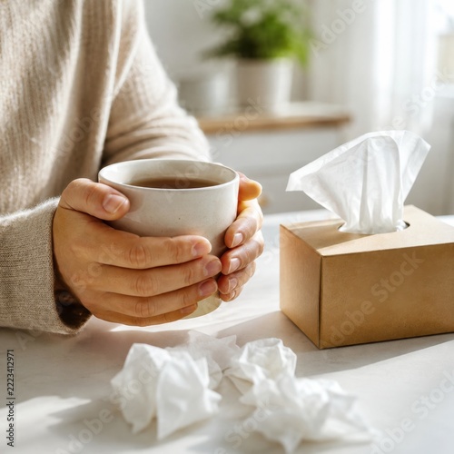 Sick person holding warm tea beside tissue box at home during cold and flu recovery
