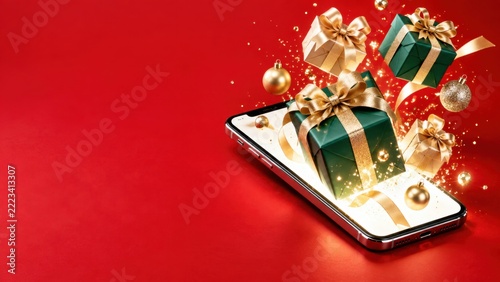 Christmas online shopping concept with smartphone floating gifts and festive gold ornaments