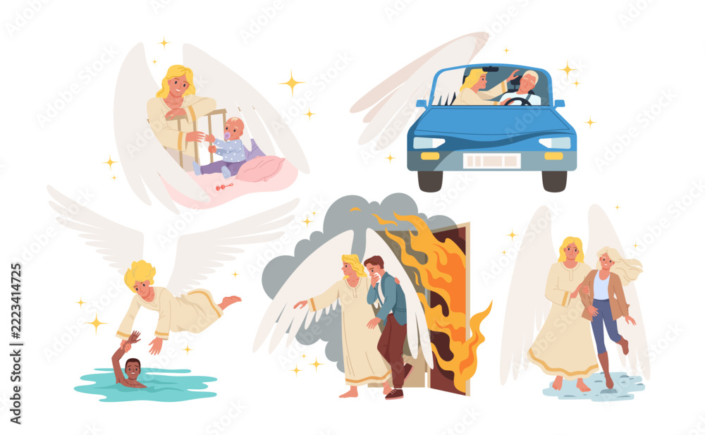 Fototapeta premium Collection of guardian angel scenes helping people during illness, driving, drowning, fire rescue, and support moments, isolated on white background vector illustration