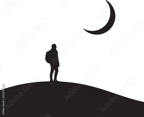 Vector silhouette of a lone backpacker standing on a dark hill under a crescent moon, isolated on a white background for travel or adventure designs.