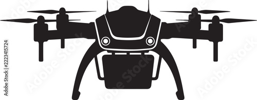 Black vector drone with four propellers and landing gear, featuring a camera or cargo attachment, isolated on transparent background.