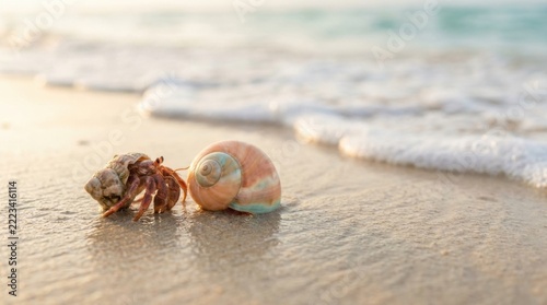 Natural Sea Shells Resting on Wet Sand with Gentle Sea Foam