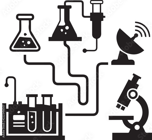Vector illustration depicting a scientific research process with connected laboratory glassware, a microscope, and a satellite dish, isolated on a white background.
