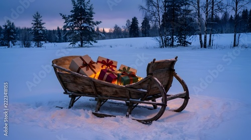 Vintage wooden sleigh filled with glowing christmas presents in a