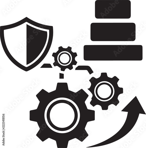 Vector icon depicting data security and process automation with a shield, gears, data stacks, and an upward-curving arrow, isolated on transparent background.