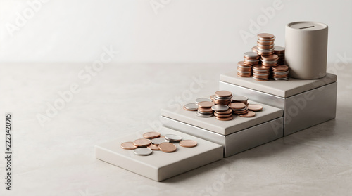 Conceptual financial growth strategy showing 123 steps with coin stacks and a piggy bank on tiered podiums