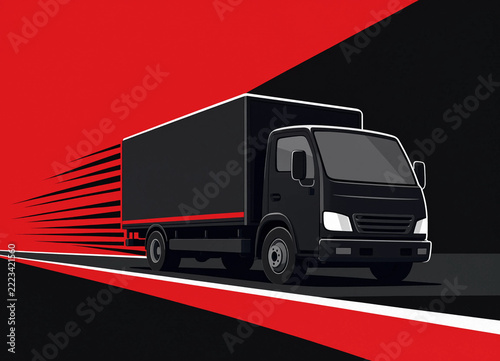 A black delivery truck moving fast with red speed lines in the background