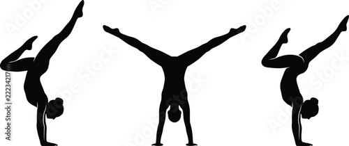 Gymnastics acrobatics woman handstand pose vector illustration collection featuring athletic female gymnast training flexible body exercises