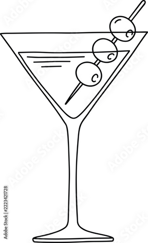 Hand drawn simple martini glass doodle containing delicious beverage decorated with three skewered green olives vector outline illustration