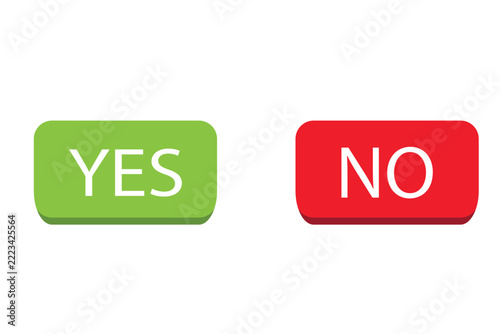Yes and No buttons set, green and red 3D rounded button, vote choice answer vector illustration