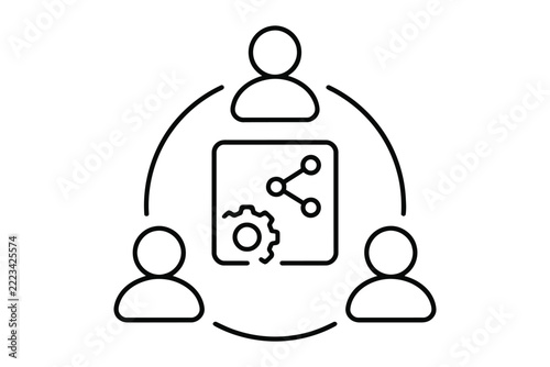 Team Collaboration Line Icon, Teamwork Sharing Gear Network Outline Symbol