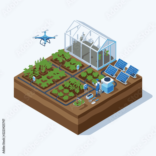 Sleek Isometric of Smart Urban Farming with Solar Panels Drone Greenhouse and Hydroponics with high quality professional line art symbols for modern creative design and digital branding projects