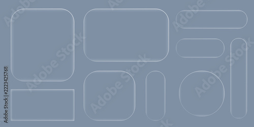 set of liquid glass morphism white elements in various shapes. Transparent glass panel, light frame, smartphone and web application banner with blur effect