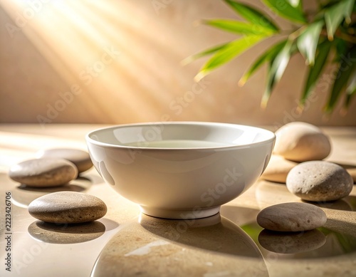 A serene composition featuring a white bowl of water surrounded by smooth, rounded stones and a single green bamboo leaf, bathed in gentle sunlight. The scene evokes a sense of calm and tranquility.