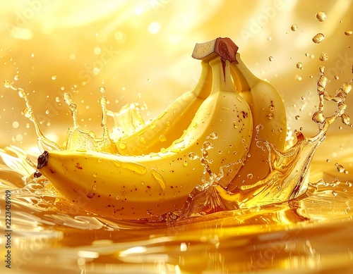 A bunch of ripe bananas splashing into golden liquid. The image is filled with bright yellow hues and water droplets, creating a vibrant and refreshing visual