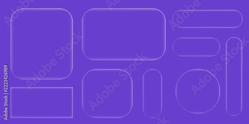 set of liquid glass morphism white elements in various shapes. Transparent glass panel, light frame, smartphone and web application banner with blur effect