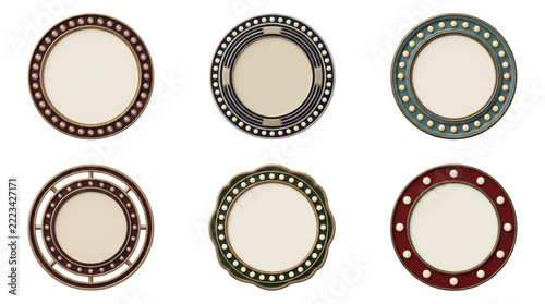 Set of six decorative circular frames with light bulb borders and various vintage patterns and colors isolated on a transparent background