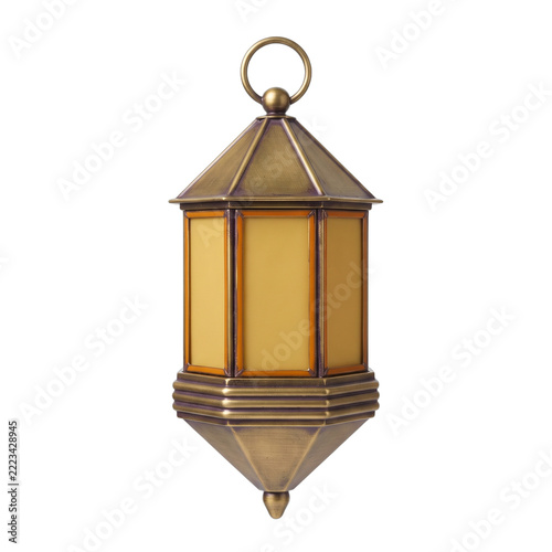 Vintage Brass Hanging Lantern With Amber Glass Panels.