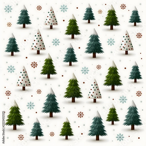 Seamless Christmas pattern of small snow covered pine trees, delicate snowflakes and scattered snow dots on a warm white background, simple hand drawn vector illustration, balanced spacing, elegant