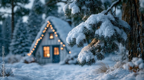 Cozy Christmas background with snow laden pine branches in the foreground and a softly blurred cabin among evergreen trees in the distance, warm window glow, gentle snowfall, natural depth of field