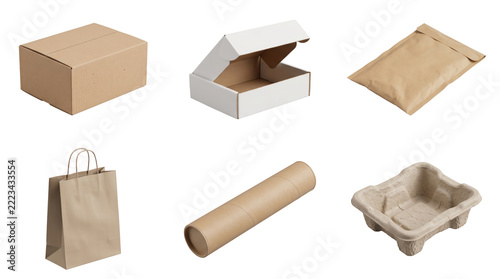 Collection of various cardboard and paper packaging including a shipping box, white mailer, brown envelope, paper bag, tube, and tray