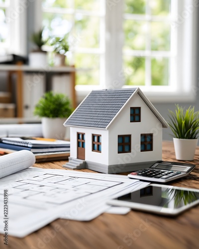 Property valuation consultation with house model, measuring documents, floor plans, calculator and tablet on a clean office desk, natural daylight, sophisticated professional still life, copy space