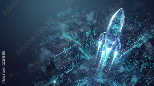 Dynamic digital rocket launching from a futuristic metropolis, symbolizing rapid technological progress and the bold vision boarding new frontiers in data-driven innovation.