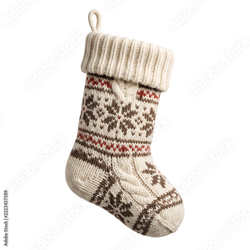 Cream Knitted Nordic Christmas Stocking Transparent Background PNG