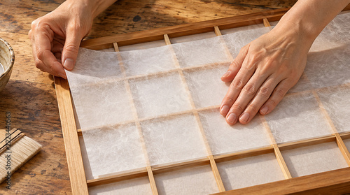 Manos adhiriendo papel japonés sobre entramado de madera