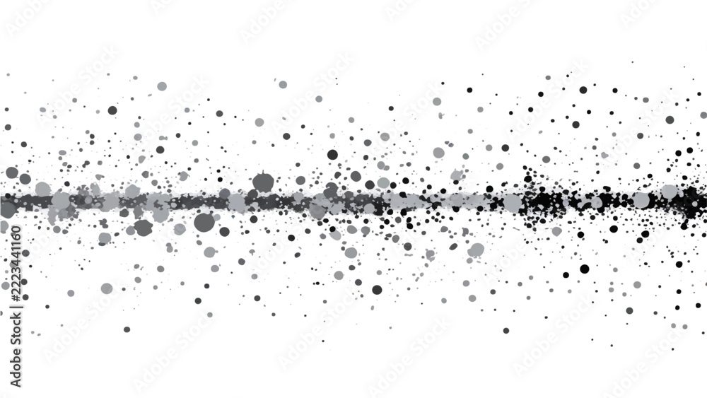 Fototapeta premium Abstract black and grey speckles forming a textured horizontal line across a white background, evoking a sense of digital noise or artistic particulate effect