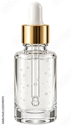 Clear glass dropper bottle filled with transparent liquid serum, featuring a gold collar and white rubber bulb isolated on a transparent background