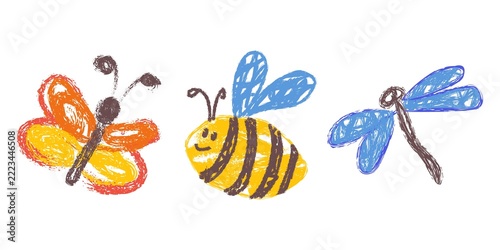 Playful crayon-style drawings of butterfly, bee, and dragonfly on white background. Childlike textured insect illustration perfect for kids art