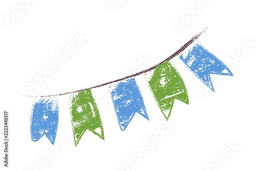 Hand-drawn festive pennant flags in blue and green on curved string. Rustic textured illustration perfect for party decor, celebrations