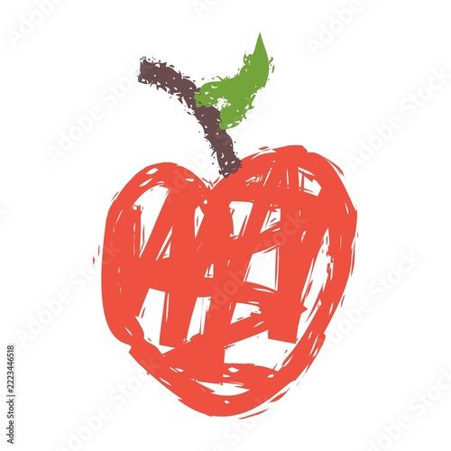 Stylized hand-drawn red apple with green leaf and brown stem. Expressive textured brushstroke illustration perfect for food themes, kids art