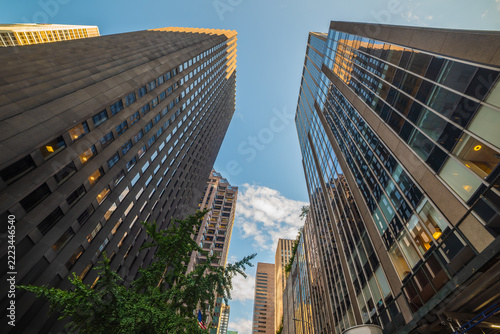 Manhattan Skyscrapers Viewed from Below at Sunset
