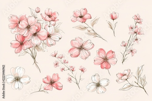 Botanical doodle illustration of dogwood blooms for stationery and patterns