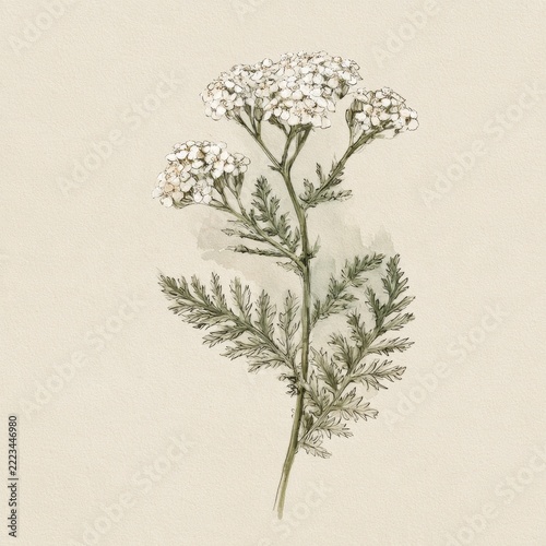 Botanical line drawing of yarrow with soft watercolor accents and fine detail