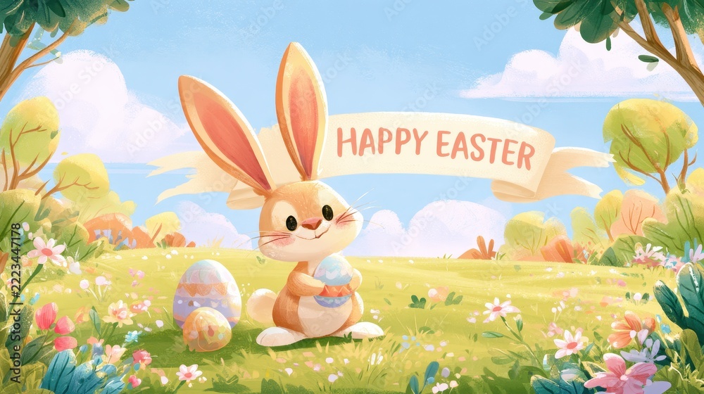 Fototapeta premium Bright Easter Theme Illustration with Bunny, Flowers, and Banner for Young Readers