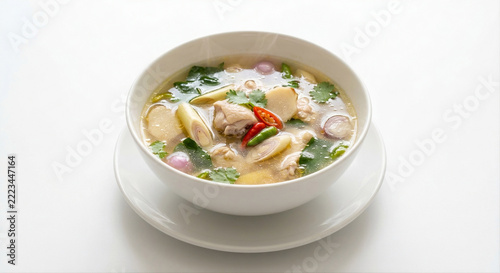 Clear herbal soup in a white ceramic bowl in 3D minimal style isolated on white background