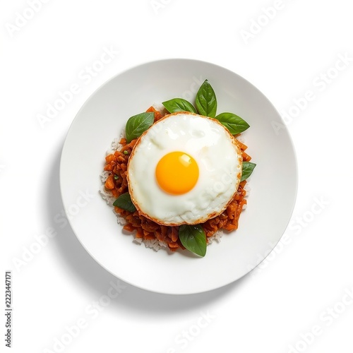Thai stir-fried basil with minced pork and fried egg plate in 3D minimal style isolated on white background