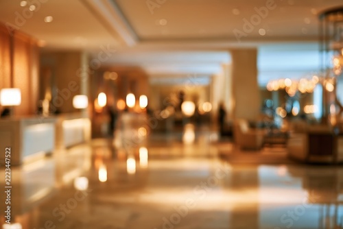 Calm, blurred reception area in a modern hotel lobby