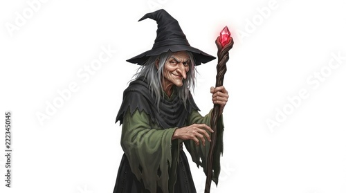 An older witch with grey hair and a pointed hat holding a magical glowing staff with a red crystal on top