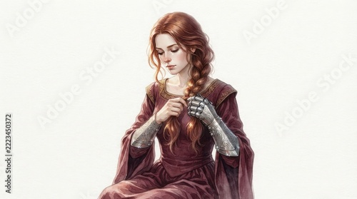 Digital fantasy illustration of a medieval noblewoman in a red dress with braided red hair and steel gauntlets