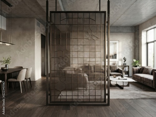 decorative metal screen partition Modern industrial living space with metal divider and wooden flooring