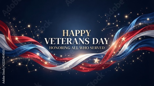 Festive happy veterans day background with flowing ribbons and sparkling patriotic elements