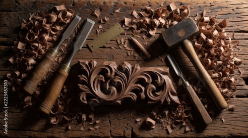 Overhead Flat Lay of a Woodcarver's Workbench