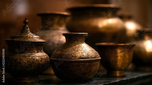 A collection of ornate brass vessels with intricate engravings  arranged in warm  soft lighting on a dark surface