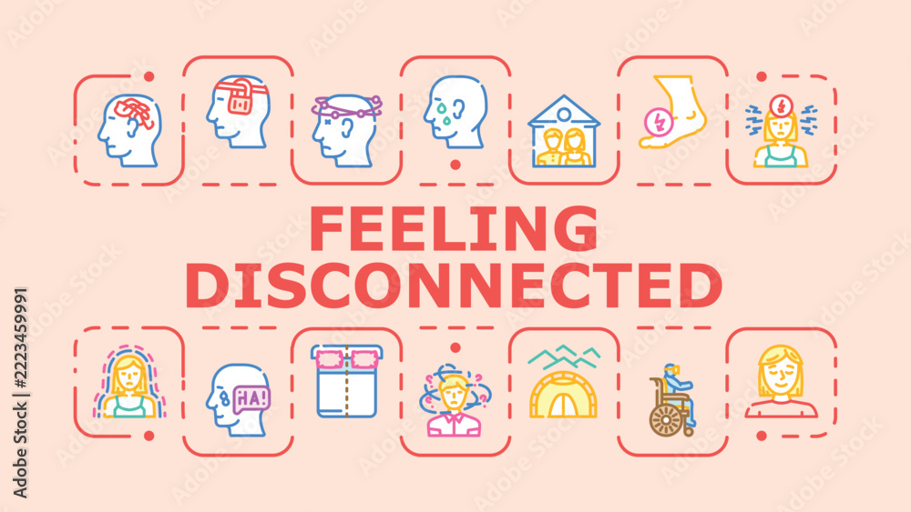Obraz premium Feeling disconnected banner infographic. Unmoored dissociation, estrangement silence, separation vacancy icon vector illustration
