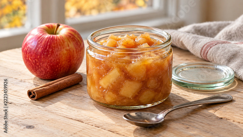 Homemade apple compote in a glass jar with cinnamon
