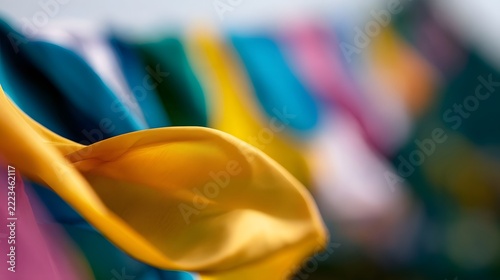 Vibrant silk fabric flags fluttering in the wind  showcasing rich colors and smooth textures in a shallow depth of field